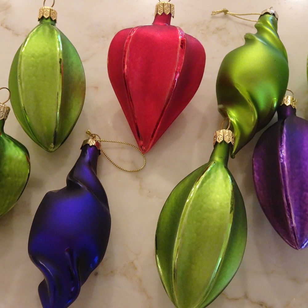 Set of 8 Green Purple & Red Frosty Glass Abstract Artsy Christmas Ornaments - Picture 2 of 10